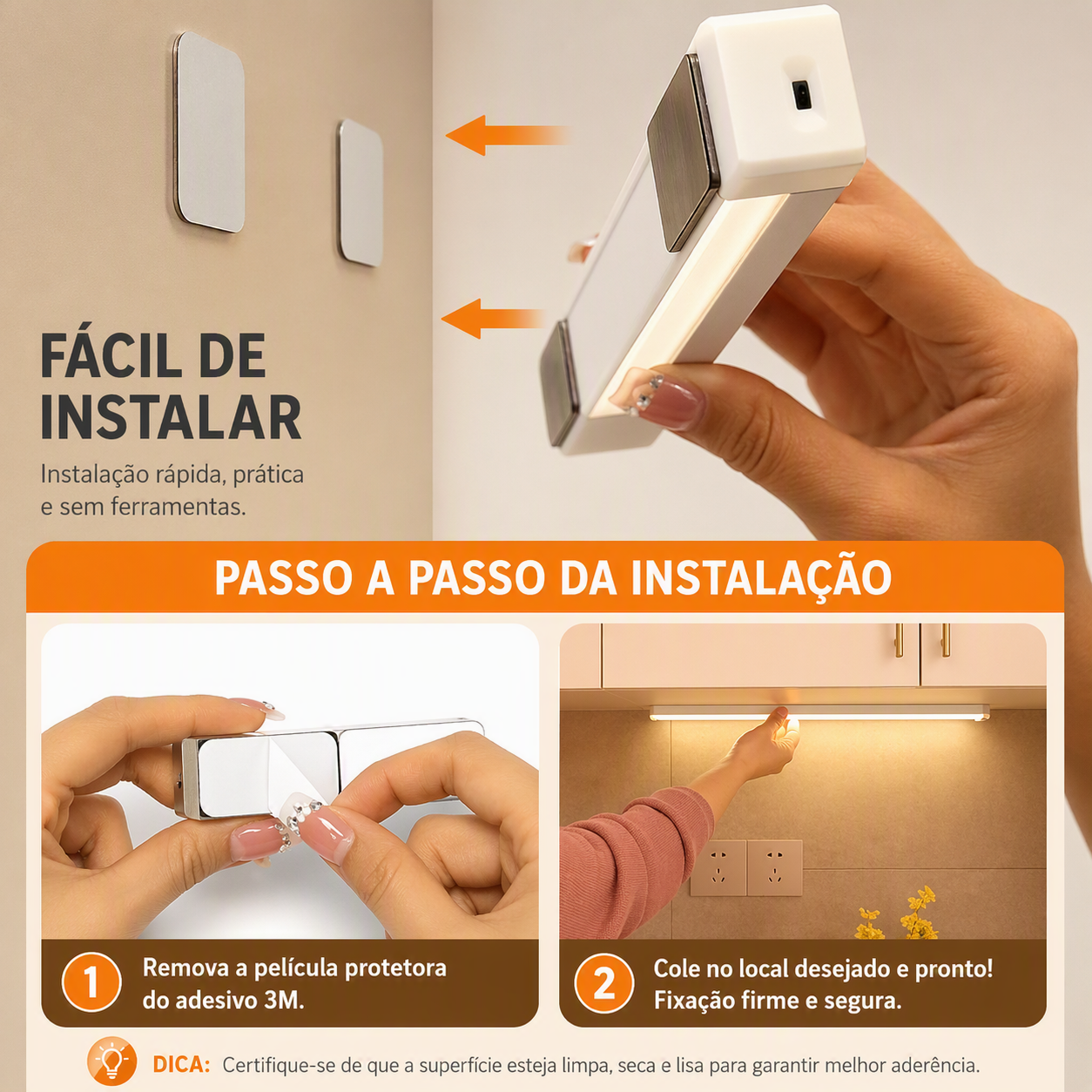 Luminária LED com Sensor de Movimento Recarregável USB-C – Luz Noturna sem Fio para Armários, Escadas, Corredores e Cozinha