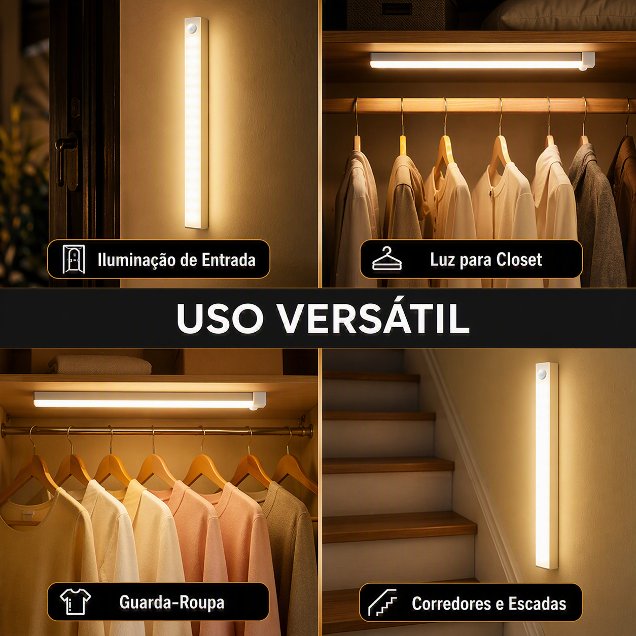 Luminária LED com Sensor de Movimento Recarregável USB-C – Luz Noturna sem Fio para Armários, Escadas, Corredores e Cozinha