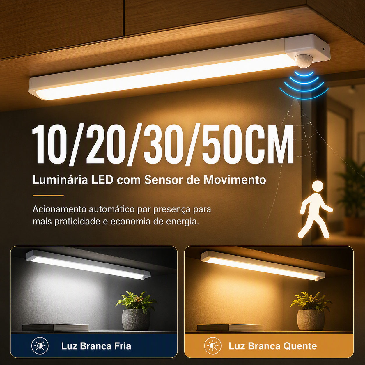 Luminária LED com Sensor de Movimento Recarregável USB-C – Luz Noturna sem Fio para Armários, Escadas, Corredores e Cozinha