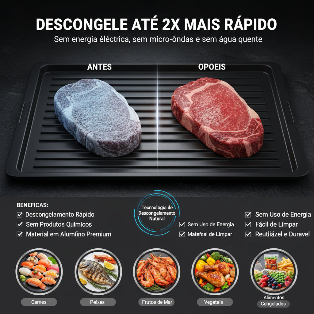 Bandeja Descongelante Rápida de Alumínio – Descongelamento Natural para Carnes, Peixes, Frutas e Alimentos