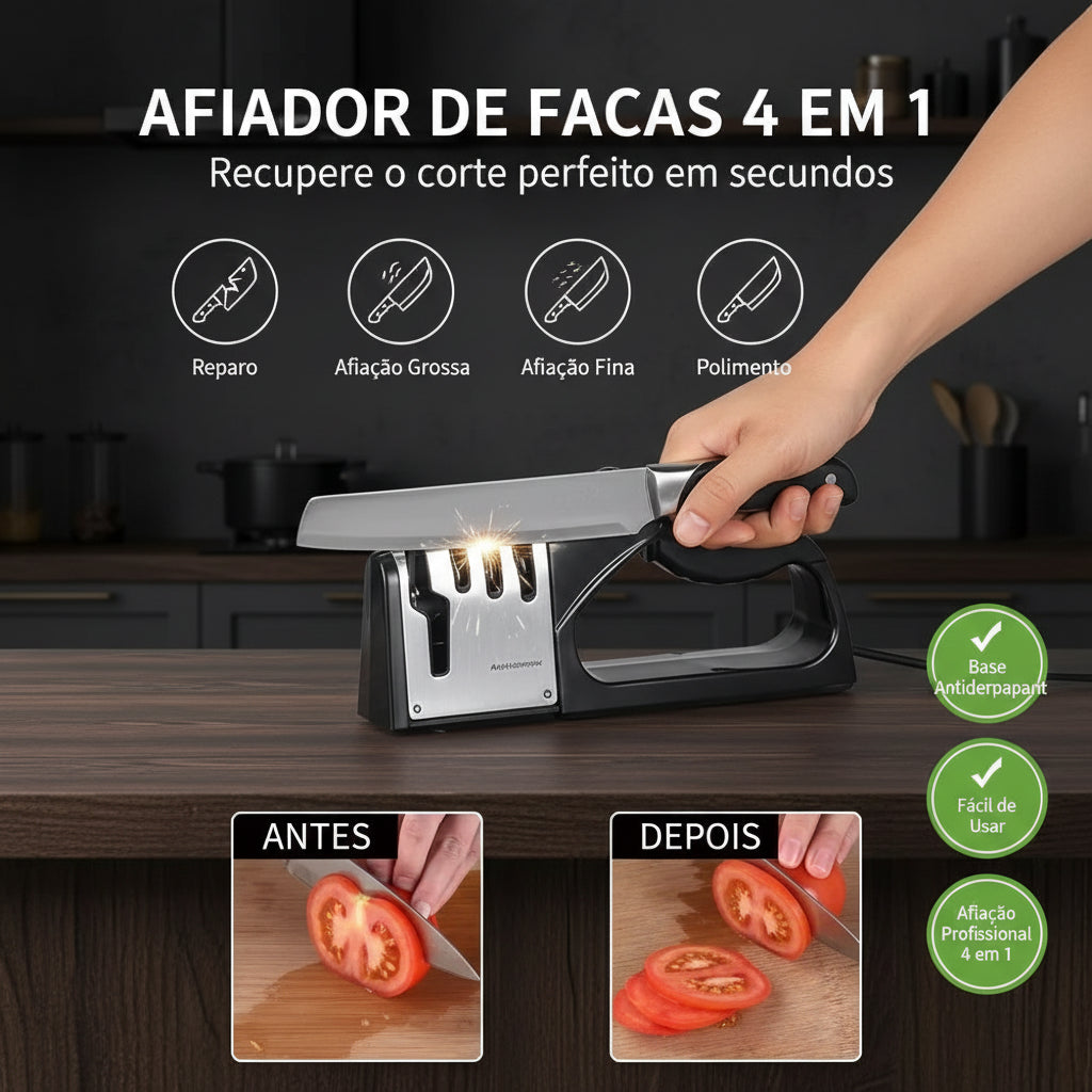 Afiador de Facas 4 em 1 Multifuncional com Base Antiderrapante | Amolador Manual para Cozinha