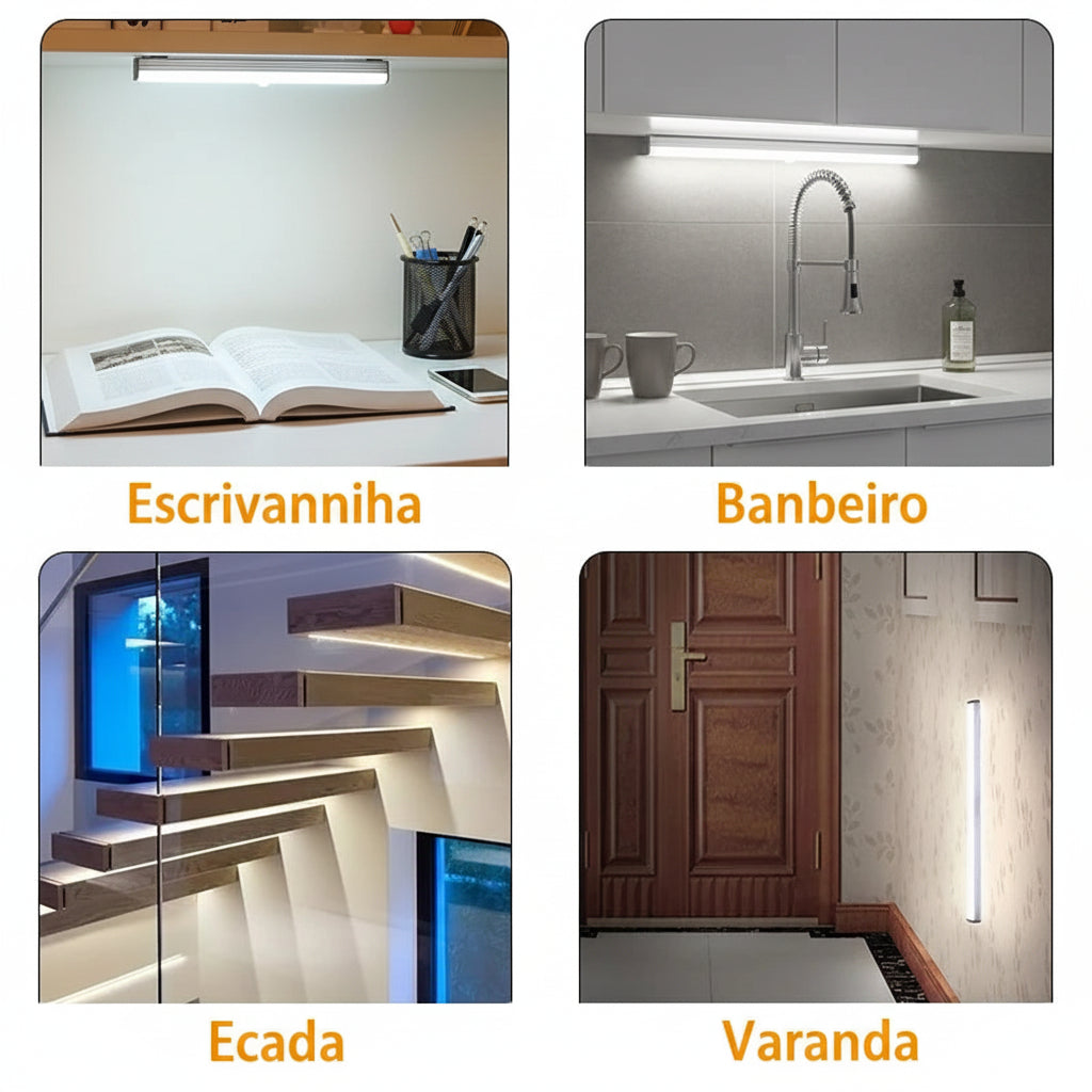 Luminária LED com Sensor de Movimento Recarregável USB-C – Luz Noturna sem Fio para Armários, Escadas, Corredores e Cozinha